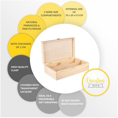 Creative Deco Unpainted Wooden Wine Box Gift Storage | 2 Bottles | 35 x 20 x 10 cm | Natural Wood Holder | Perfect Luxury Box for Christmas, Birthday, Wedding, Valentines Day, Anniversary