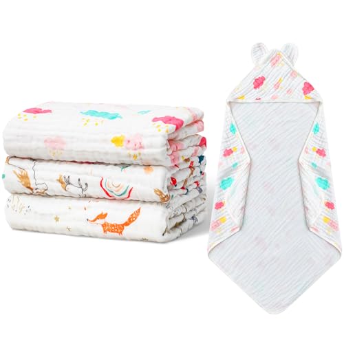 Image of FuWeave 3 Pack Hooded Muslin Baby Bath Towels 100% Muslin Cotton Baby Bath Towel 30x30 Inch Soft & Absorbent Cute Baby Towels for Newborn Toddler Infant Babies Girls and Boys(Novel Style)
