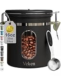 Veken Coffee Canister with Window, Airtight Stainless Steel Kitchen Food Storage Container with Lids, Date Tracker and Scoop for Grounds Coffee, Beans, Tea, Flour, Cereal, Sugar Jars, 16OZ, Black