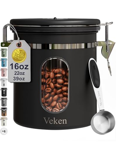 Veken Coffee Canister with Window, Airtight Stainless Steel Kitchen Food Storage Container with Lids, Date Tracker and Scoop for Grounds Coffee, Beans, Tea, Flour, Cereal, Sugar Jars, 16OZ, Black
