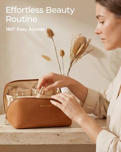 BAGSMART Makeup Bag Travel Cosmetic Bag, Large Make Up Bag Flat Open Toiletry Bag for Women, PU Leather Travel Essentials Organizer Case, Wide-Open Pouch Purse for Skincare, Brushes, Classic Brown — view 3