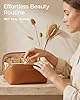 BAGSMART Makeup Bag Travel Cosmetic Bag, Large Make Up Bag Flat Open Toiletry Bag for Women, PU Leather Travel Essentials Organizer Case, Wide-open Pouch Purse for Skincare, Brushes, Classic Brown #3