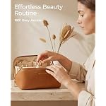 BAGSMART Makeup Bag Travel Cosmetic Bag, Large Make Up Bag Flat Open Toiletry Bag for Women, Waterproof PU Leather Travel Essentials Organizer Case, Wide-open Pouch Purse for Skincare, Brushes, Camel - Image 5