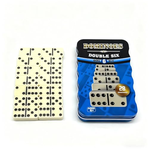 Happium Classic Double 6 Dominoes en boîte métallique de 28 pièces - Jeu pour enfants et adultes, activités pour personnes atteintes de démence, jeu de bar, à...