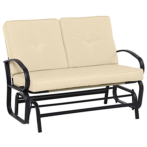 Outsunny Outdoor 2-Person Gliding Chair Patio Glider with Cushions and Armrest for Garden Yard Porch Steel Beige
