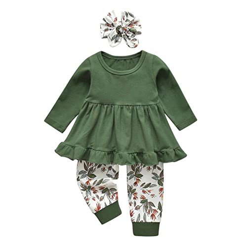 Image of Toddler Baby Girl Clothes Solid Color Long Sleeve Ruffle Tops Pants Headband Outfits Set