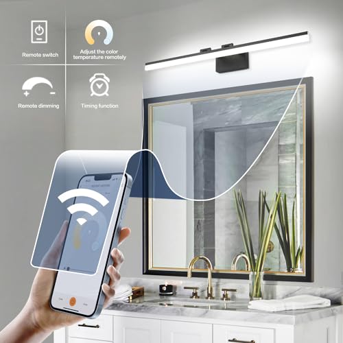Image of SOLFART Adjustable Color Temperature Dimmable Bathroom Light Fixtures Vanity Light Black LED Bathroom Vanity Light Over Mirror 39.4 Inch APP Control Modern Light