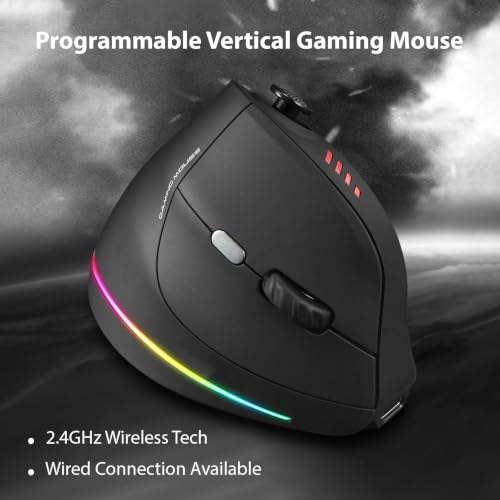 Pomya Vertical Ergonomic Mouse, Triple Mode Wireless Gaming Mouse with 800mAh Rechargeable Battery 24000 DPI for Gaming Work (Black)