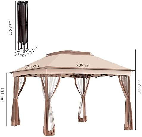 Outsunny 3 X 3(m) Meters Metal Gazebo Party Canopy Garden Pop Up Tent Outdoor Sun Shelter w/ Net Curtain Zipper Door - Khaki