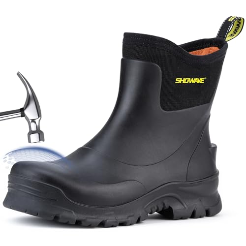 Showave Men's Rubber Boots Steel Toe Ankle Rain Boots Men Waterproof Work Boot Insulated Mud Boot for Farming Construction Fishing Outdoor,Black Size 11