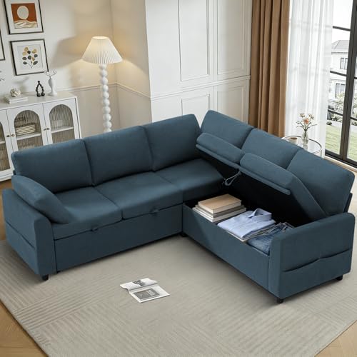 Image of 87 inch Fabric Sectional Sofa w /Pull Out Bed & Storage Space, Blue