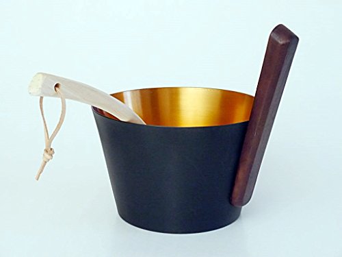 SudoreWell® Saunakübel 5,0 l aus ALU (schwarz-gold) mit Holzgriff plus Schöpfkelle