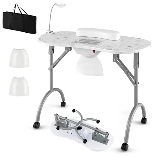 RELAX4LIFE Table Manucure Pliante avec Aspirateur | Table Manucure Pliable sur roulettes | Portable avec Sac | Lampe LED USB | Coussin de Poignet Amovible | Sac à...