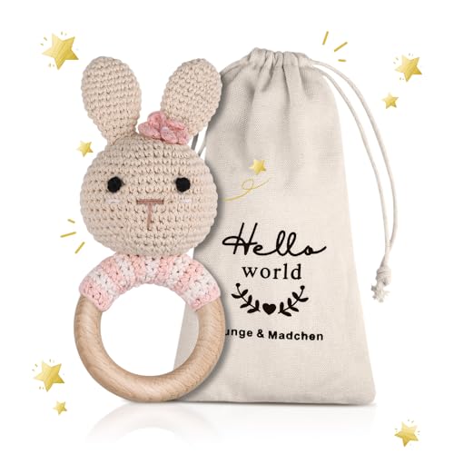 Gehäkelte Babyrassel - Häkeln Holz Greifling Handmade geschenk zur geburt Mädchen und Junge Geschenk zur Geburt babygeschenke zur geburt mädchen (Hase)