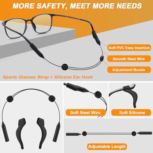 Miniatura 2 de Yeahxing Correa ajustable para lentes, paquete de 4 correas de 16 pulgadas con retenedor para el oído, retenedor de gafas, anticola, antideslizante,