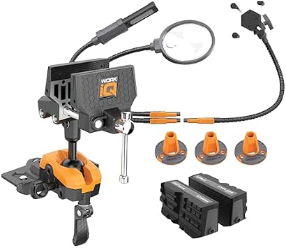 Work IQ Tools IQ Vise & IQ Connect | 360 Articulating Bench Vise & Hands-Free Accessory System with 3 Bench Mounts | Includes Vise Jaws, Magnifying Glass, Rechargeable Work Light & Cell Phone Holder