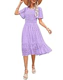 Annebouti 2025 Summer Spring Light Purple Midi Dresses for Women Casual Flutter Short Sleeve Boho Tiered Flowy Smocked Junior Cute Swiss Dot Dress Solid Lavender S