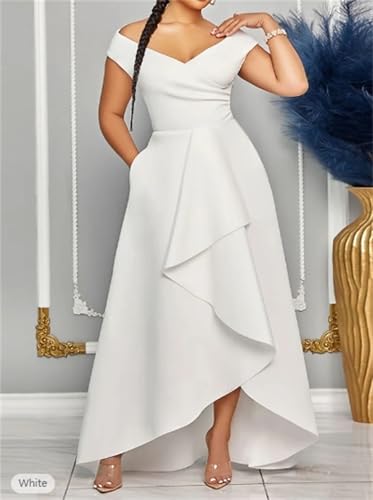 Off The Shoulder Mother of The Bride Dresses with Pockets High-Low V Neck A Line Evening Party Dresses with Ruffle3