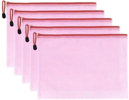 JuneSun10個のジッパー付き書類ポケット、B4/A3/A4/A5サイズ、半透明PVC、防水、領収書、事務用品、書類、整理用、メッシュ (ピンク,A 4(34 CM*24 CM)10枚)