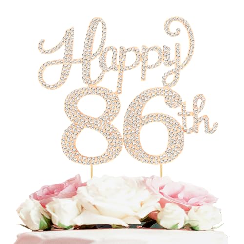 LASKYER Happy 86th Birthday Decorations,86th Birthday Gold Rhinestone Cake Topper - Cheers to 86 Years Old Bday Party Metal Sparkly Cake Centerpieces Sign.