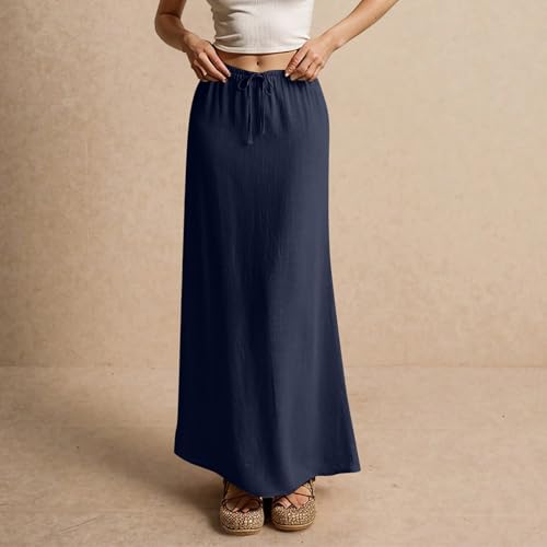 Women's Long Skirts Linen Flared Maxi Skirt Elastic Waist Drawstring Flowy Ankle Skirt with Back Slit, S-2XL4