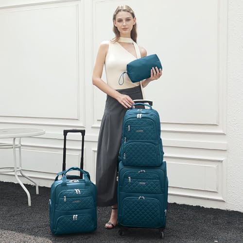 LARVENDER 4 Piece Luggage Set with Spinner Wheels - Expandable Softside Carry On Suitcase 22x14x9 Airline Approved, 16” 20" Carry On Luggage,TSA Lock, Blue by LARVENDER - Used condition - Image 9