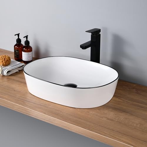 DILECI - Vasque à Poser Ronde Ovale en Céramique blanche avec liseré Noire Mate - Lavabo Design Épuré et Élégant pour Salle de Bain - Style Contemporain et Durable - Finition Luxe et Intemporelle