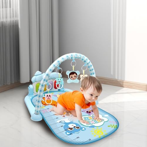 Baby Activity Center with Music Light, Safe Baby Gym Play Mat with Rattle Pendant Adjustable Board for Newborns Toddlers, Blue — view 2