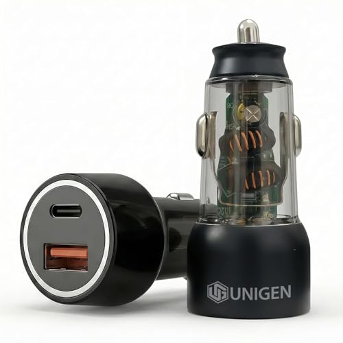 Image of UNIGEN 125W Dual Port Car Charger | 80W + 45W Fast Charging | USB-C & USB-A Car Adapter | Charging Adapter Compatible with Cars for iPhone & Android Smartphone, Smartwatch, Earbud, Power Bank (Black)