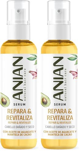 ANIAN - Sérum Repara y Revitaliza, 100 ml, para Pelo Seco y Dañado, Hidrata y Suaviza el Cabello, Sella las Puntas - Aceite de Aguacate, Manteca de Cacao y Queratina Vegetal (Paquete de 2)