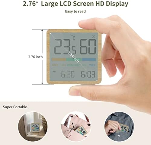 NOKLEAD Hygrometer Indoor Thermometer, Desktop Digital Thermometer with Temperature and Humidity Monitor, Accurate Humidity Gauge Room Thermometer with Clock (Wood Grain)