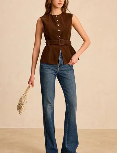 Lentta Womens Suede Vest Crew Neck Sleeveless Button Down Dressy Suit Waistcoat with Belt2