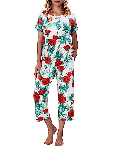 Ekouaer Women's Capri Pajama Sets Floral Print Short Sleeve Sleepwear Top and Capri Pants 2 Piece Loungewear with Pockets