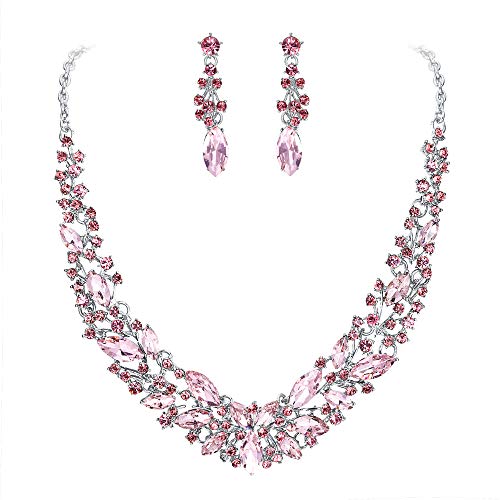 BriLove Wedding Bridal Necklace Earrings Jewelry Set for Women Austrian Crystal Marquise Cluster Collar Necklace Dangle Earrings Set Pink Silver-Tone