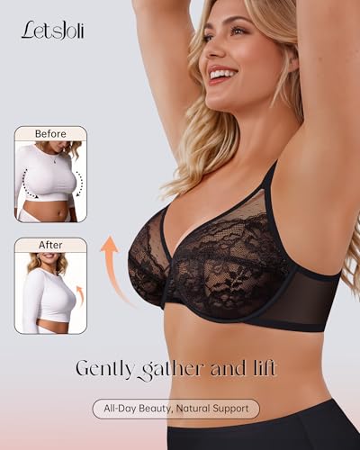 Image of LetsJoli Minimizer Bras for Women Full Coverage Lace Underwire Plus Size | Supportive Bras for Older Women, Unlined Cup, Cool Soft Comfort, Tshirt Everyday Bra, Sexy