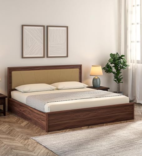 Image of Mintwud Pepperfry Engineered Wood Yuko Upholstered King Size Bed with Hydraulic Storage | Wooden Double Bed Cot Palang Furniture for Bedroom, Living Room, Home and Hotel (Columbia Walnut Finish)