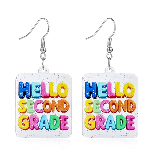 Funny Teacher Student Dangle Earrings First Day of School Earrings with Colorful Tassel Back to School Earrings for Women Teacher Appreciation Jewelry (Hello Second Grade-Acrylic A)
