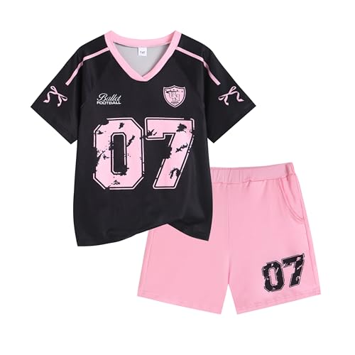 SISTERBRO Girls 2 Piece Outfits V Neck Short Sleeve Graphic T-Shirt and Shorts Set Color Block Athletic Summer Clothes Size 6-7 (Black & Pink)