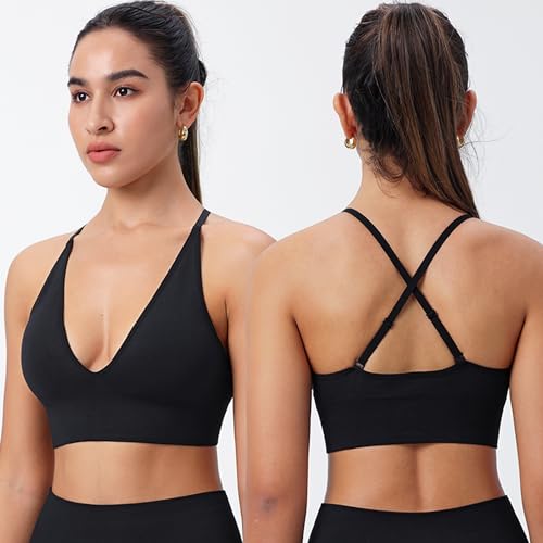 Image of Evercute Women's Sports Bras 3 /4 Pack Adjustable Deep V Neck Bras Wireless Spaghetti Strap Criss Cross Padded Low Support Bra