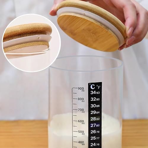 Sauerteig Starter Set 900ml Gärglas mit Holzdeckel, Gummiband, Thermometerpapier, Silikon-Spatel, 8 Etiketten und Stift für einfaches Brotbacken und Fermentieren Perfektes Backset für Anfänger