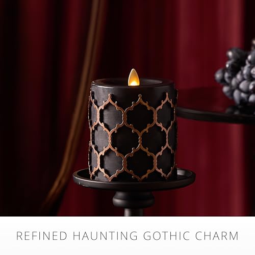 Image of Luminara Black Embossed Fretwork 3.5 inch x 4.5 inch Pillar, AA Battery Operated w /Timer Function, Flickering Flameless LED Light Real Wax Candle for Indoor Home Decoration, for Dining Room Table Centerpiece