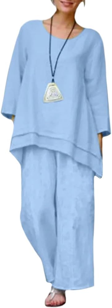 ZOCANIA 2 Piece Outfits Solid Color Cotton Linen Suits Sets Loose for Women Casual Suit 3/4 Sleeve Top Wide Leg Pants
