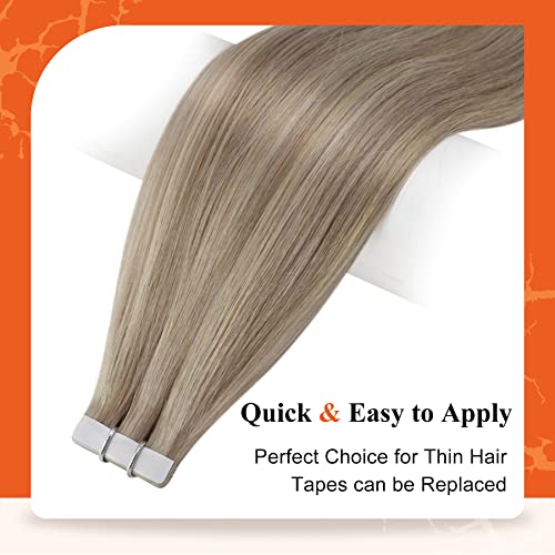 Image of Full Shine Straight Human Hair Extensions Tape in 18Inch Seamless Hair Extensions Real Human Hair Highlighted Hair Extensions Ash Blonde with Platinum 20Pcs 50Grams Add Volume Remy Hair Extensions