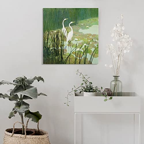 Heron In The Reeds Painting Beautiful Bird Wall Art Summer Great Egret Wall Art Canvas Painting Posters And Prints Wall Art Pictures For Living Room Bedroom Decor 28X28Inch(70X70Cm) Frame-Style #TOP3