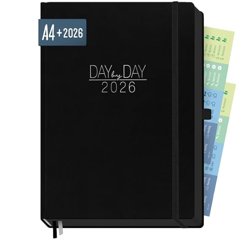Häfft® Organizer Day by Day Maxi 2026 A4 “Schwarz” 1 Tag 1 Seite - Terminplaner 2026 mit Ledereinband, Praxisplaner im 30 min Takt, 3 Spalten, Tageskalender - nachhaltig & klimafreundlich