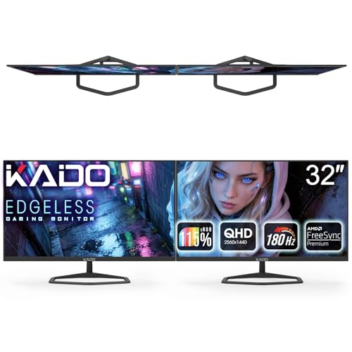 Kado Dual Gaming Monitor Setup - 2-Pack 32" 2560x1440 180Hz 1ms QHD Computer Monitor 115% sRGB, Stacked Panoramic Setup AMD FreeSync, VESA Mount HDMI DisplayPort Built-in Speakers