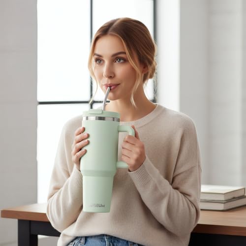 Image of SASEUM 40 oz Tumbler with Handle & Lid, Vacuum Insulated Travel Mug (Mint green, 40 Ounces)