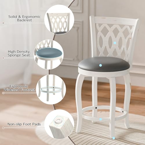 Butacos giratorios de barra MU de 24 pulgadas, juego de 4, estilo rústico, con asiento tapizado en cuero sintético y reposapiés de madera, para isla de cocina y pub, color blanco miniatura 6