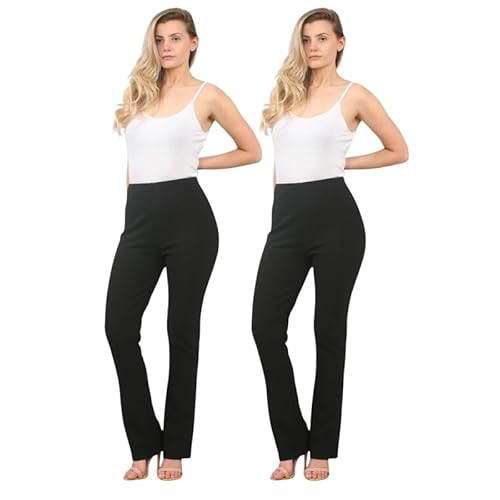 Image of Pack of 2 Ladies Stretch Bootleg Trousers – Soft Ribbed Work Pants with Elastic Waist – Women’s Flared Leggings Black Pull On Office Bottoms – Petite & Plus Size-(Black 10W/27L)