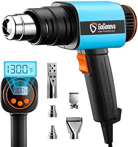 GoGonova 1800W Heat Gun with Variable Temperature Mode, Heavy Duty Adjustable Hot Air Gun 120℉-1300℉ with LCD Digital Display, Compact Design with 5 Nozzles for Shrink Tubing, Wrap, Crafts, Resin